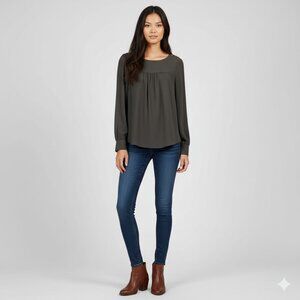 LOFT Olive Green Long Sleeve Blouse with Gold Button Embellishment